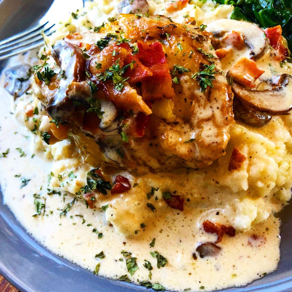 Chicken Thighs with Creamy Bacon Mushroom Thyme Sauce 