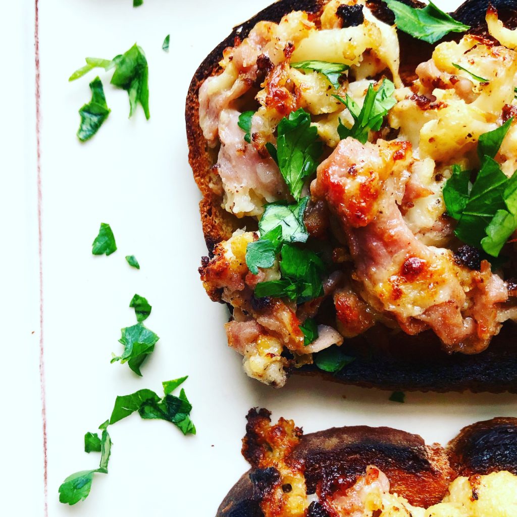 Salty from the prosciutto, melted Swiss cheese, loaded with healthy cauliflower perfectly describes this Cauliflower Toast recipe. 
