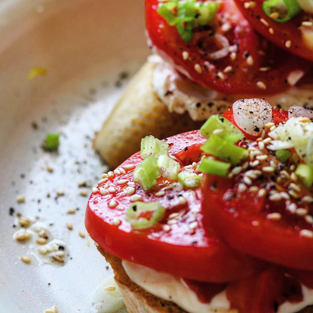 Tomato Toast with Scallions and Sesame Seeds