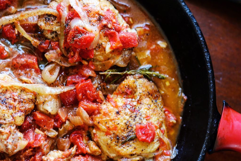 Chicken Thighs Braised with Tomatoes, Onions, and Garlic
