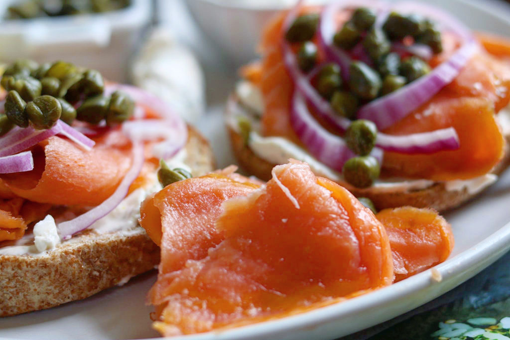 Whole Wheat Bagel with Smoked Salmon, Whipped Cream Cheese and Capers