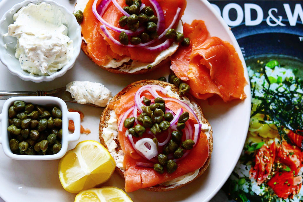 Whole Wheat Bagel with Smoked Salmon and Whipped Cream Cheese