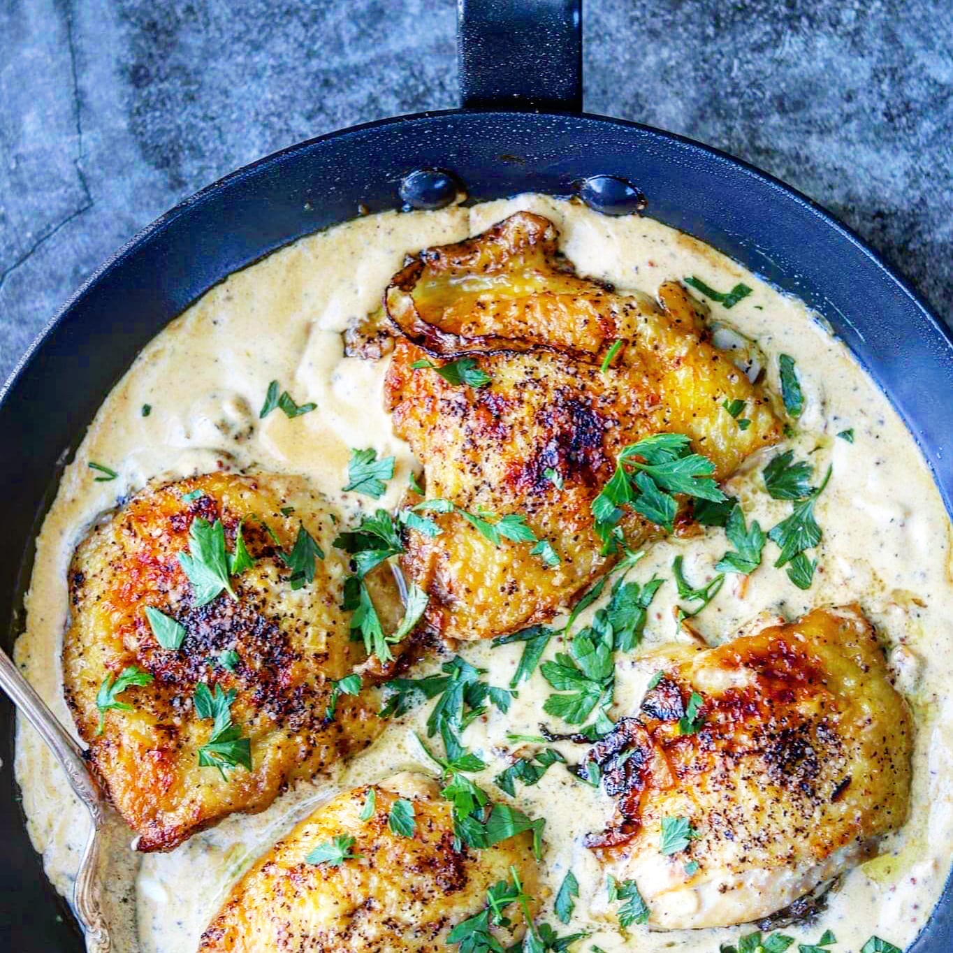 delicious chicken thighs in a creamy mustard sauce. The 2 Spoons