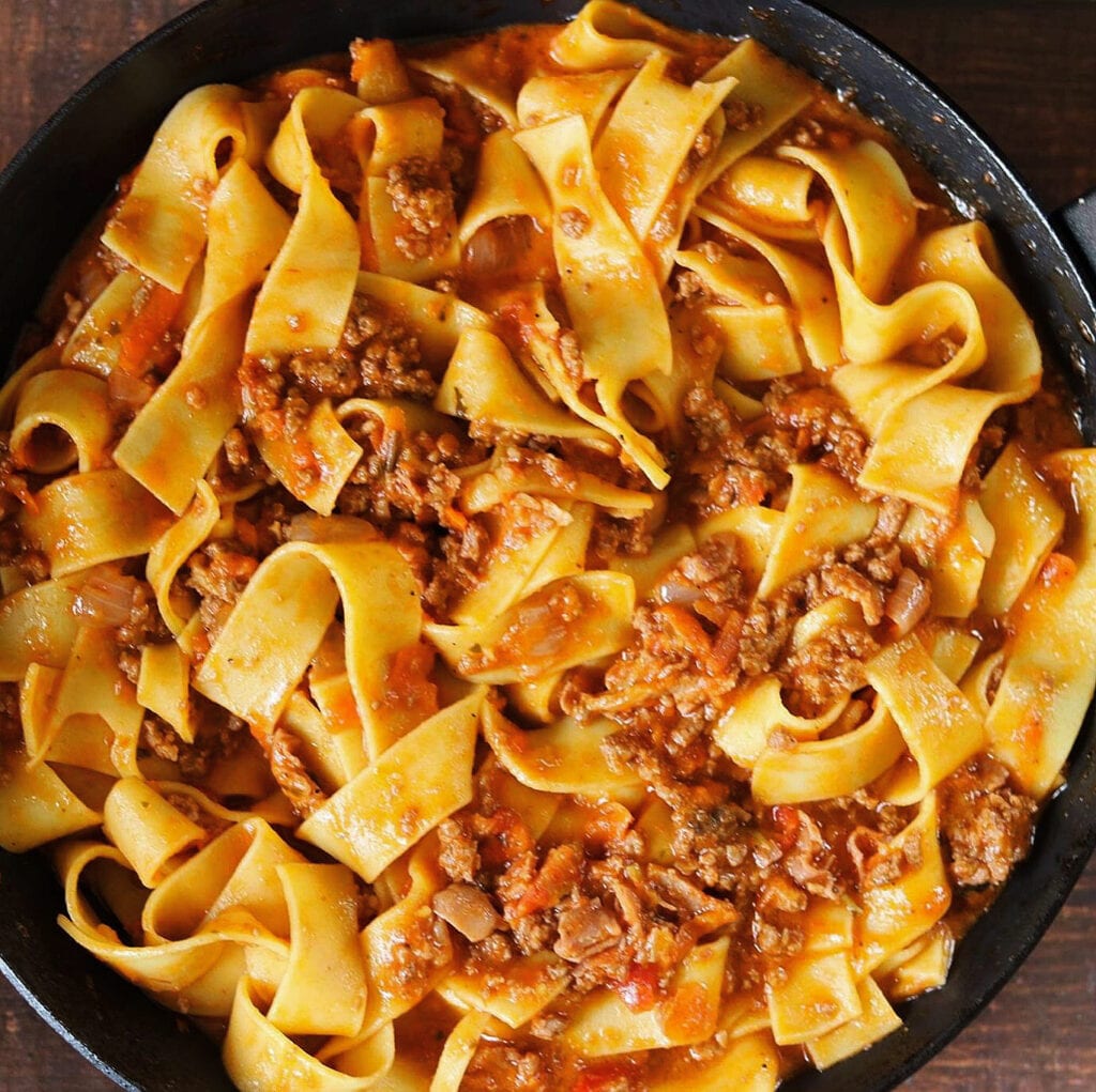 Simple Bolognese over Pappardelle